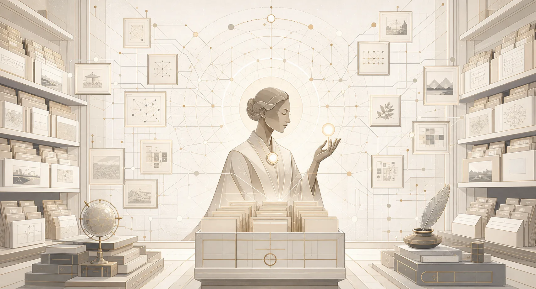 A robed librarian holds a glowing orb of memory before a halo of catalogued cards and a constellation of fine gold connections.