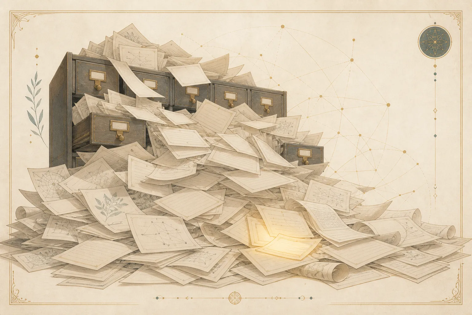 A card-catalogue drawer overflowing with loose index cards; near the bottom one card glows faintly, almost lost in the spill.
