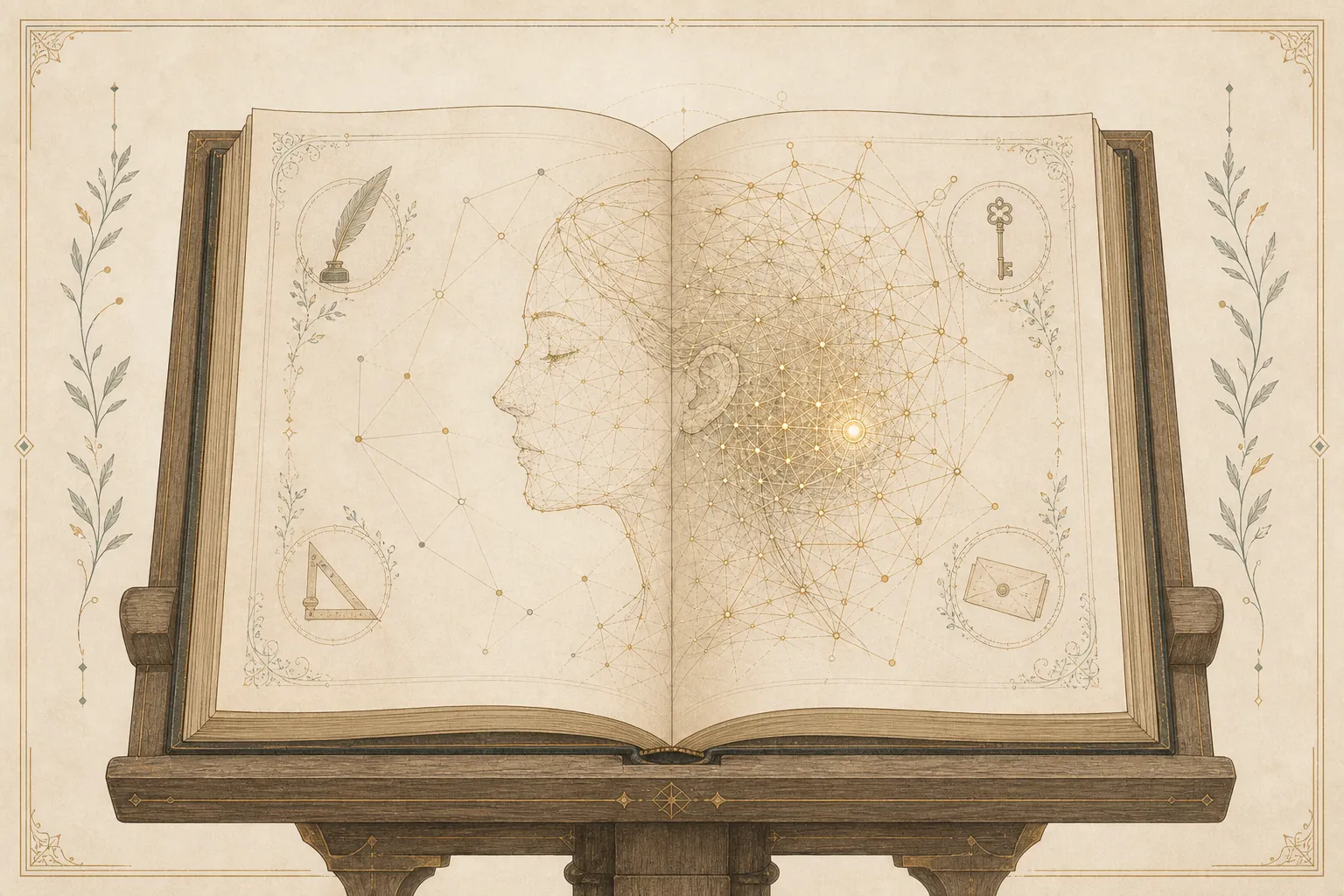 An open illuminated book whose pages form a portrait in fine gold threads, ringed by small emblems; the right page is richer than the left.