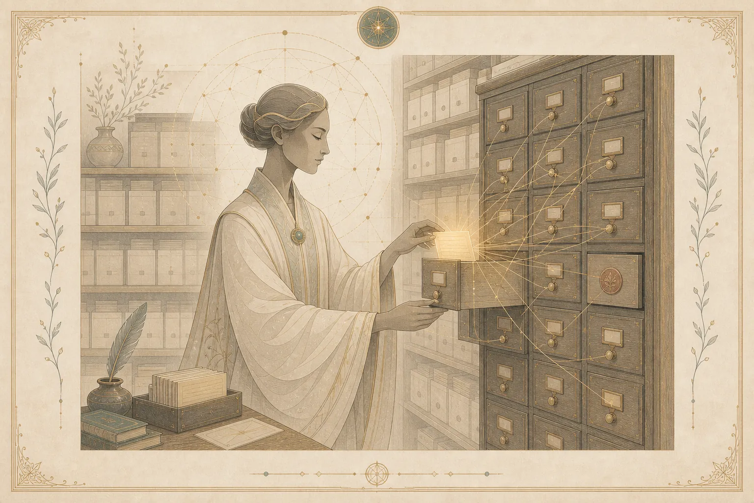The librarian places a glowing note into a card-catalogue drawer, fine gold threads linking it to neighbouring drawers; one drawer bears a copper roundel.