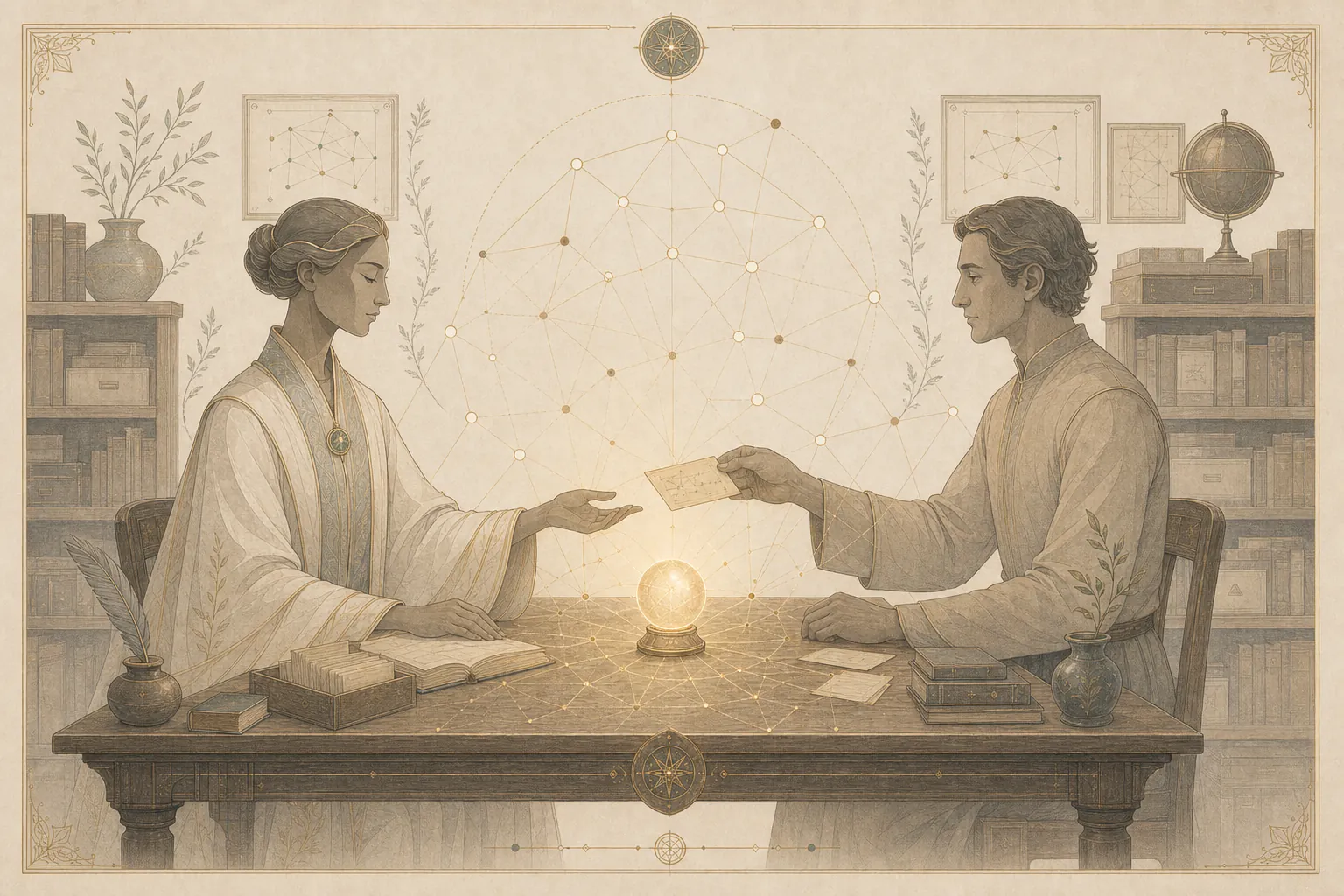 Two figures at a reading-room table as equals; one passes the other a small annotated slip, a single glowing orb between them.