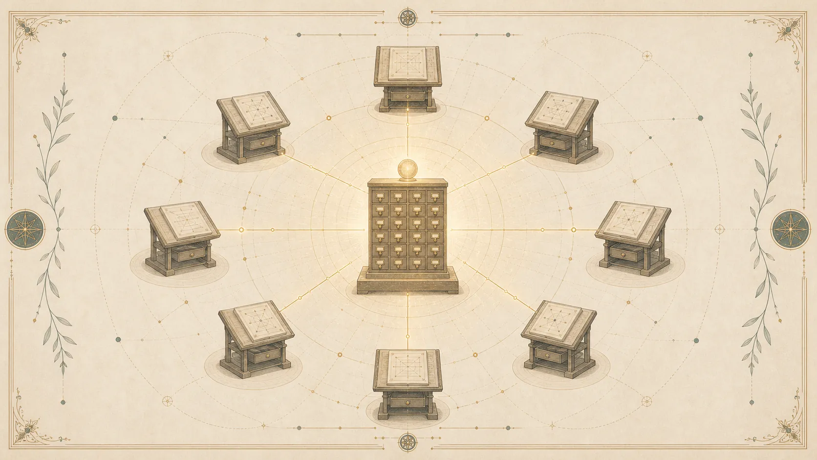 A single glowing card-catalogue at the centre, eight identical reading-lecterns arranged around it, each joined to the centre by one fine gold thread.