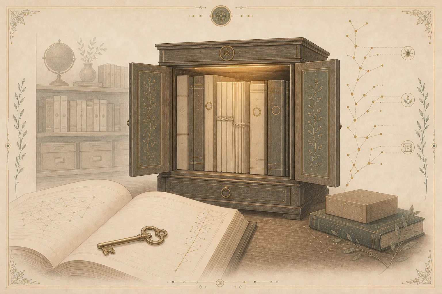 A wooden manuscript cabinet of bound volumes and plain pages, a small brass key on an open page, a slender gold branching line of kept history beside it.