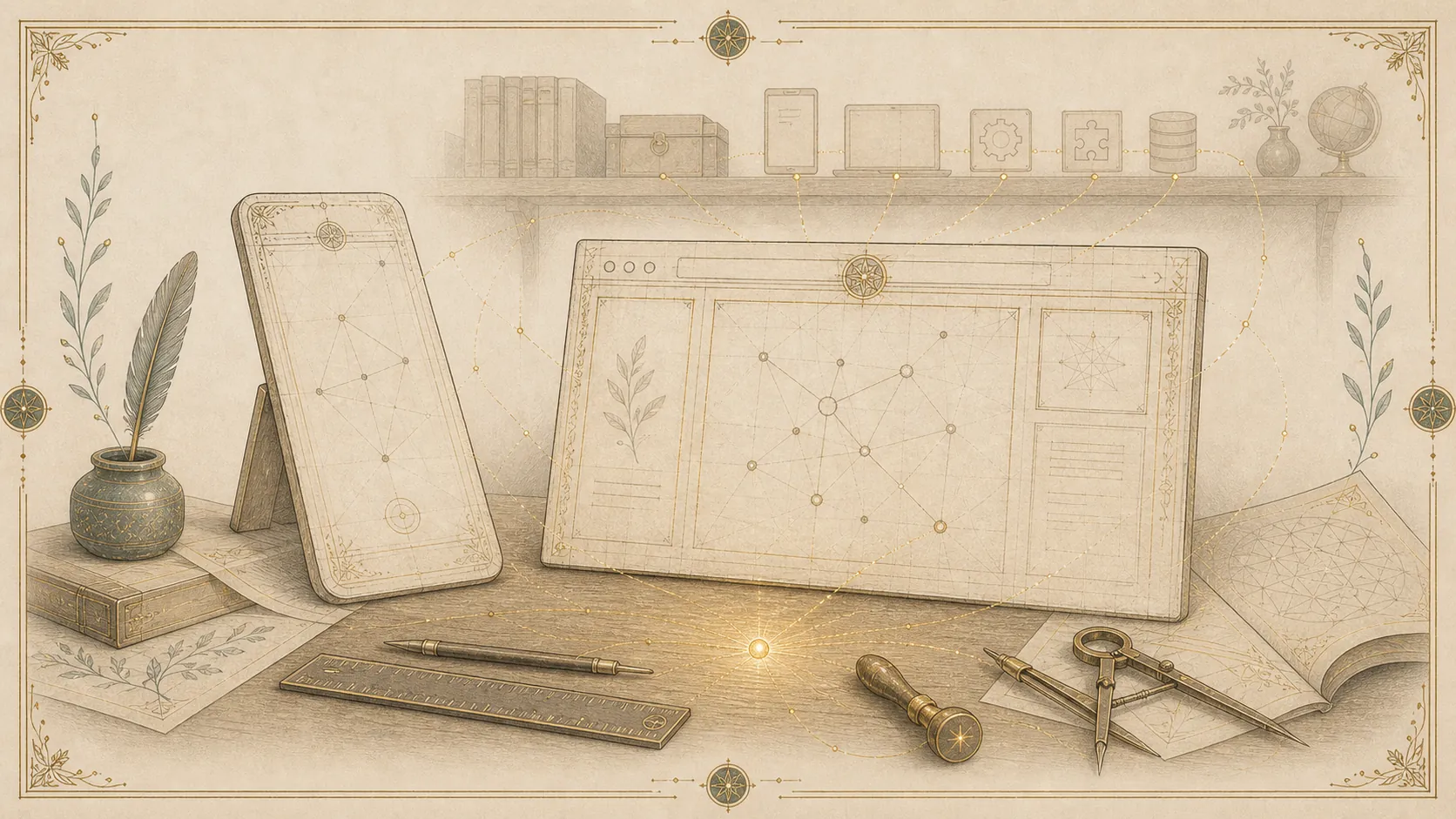 A scriptorium workbench with two half-finished engraved objects, a small slab and an open window-frame, still being made.