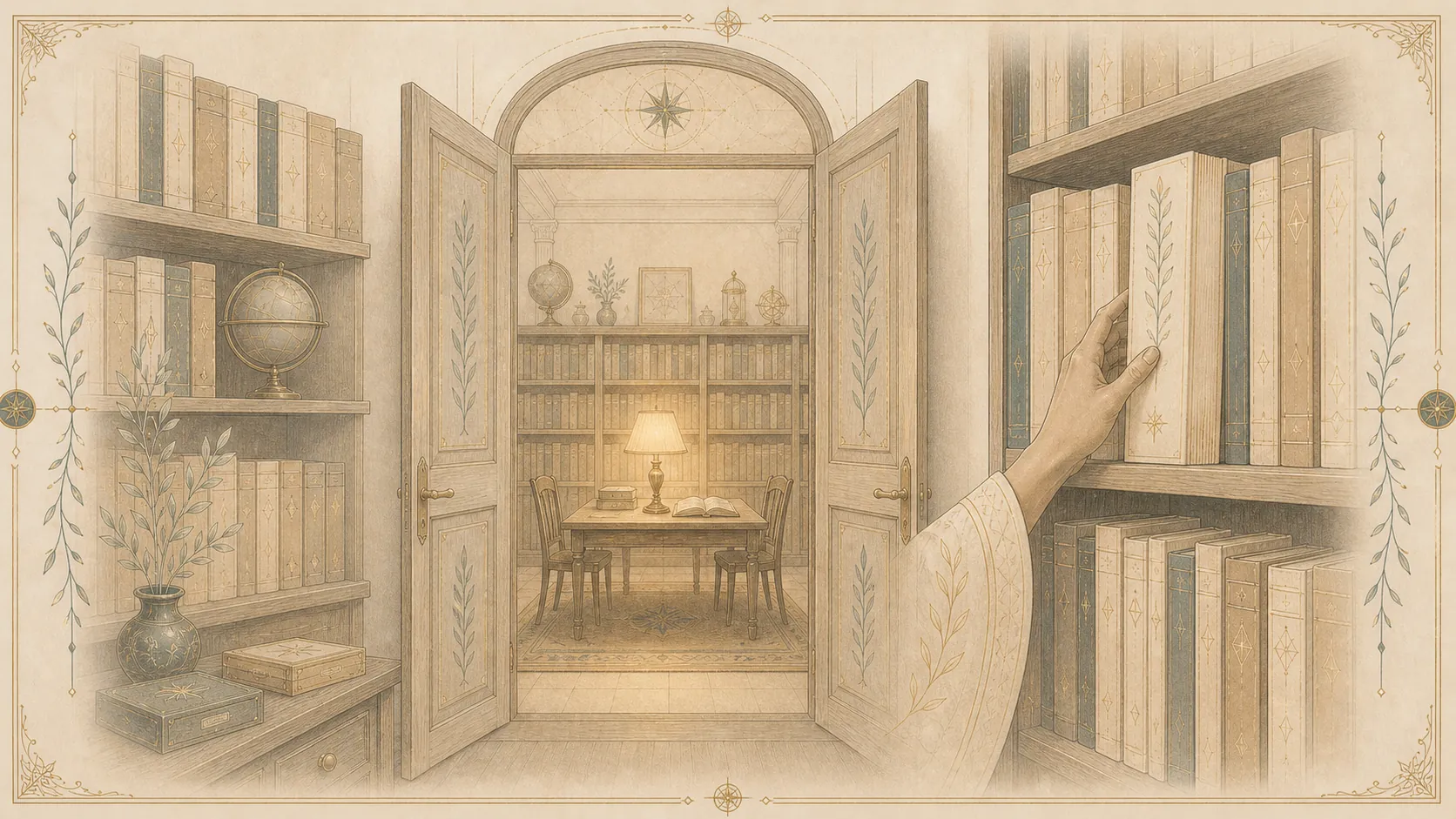 Tall library doors open onto a softly lit reading room; a hand slides one new bound volume into place among the others.