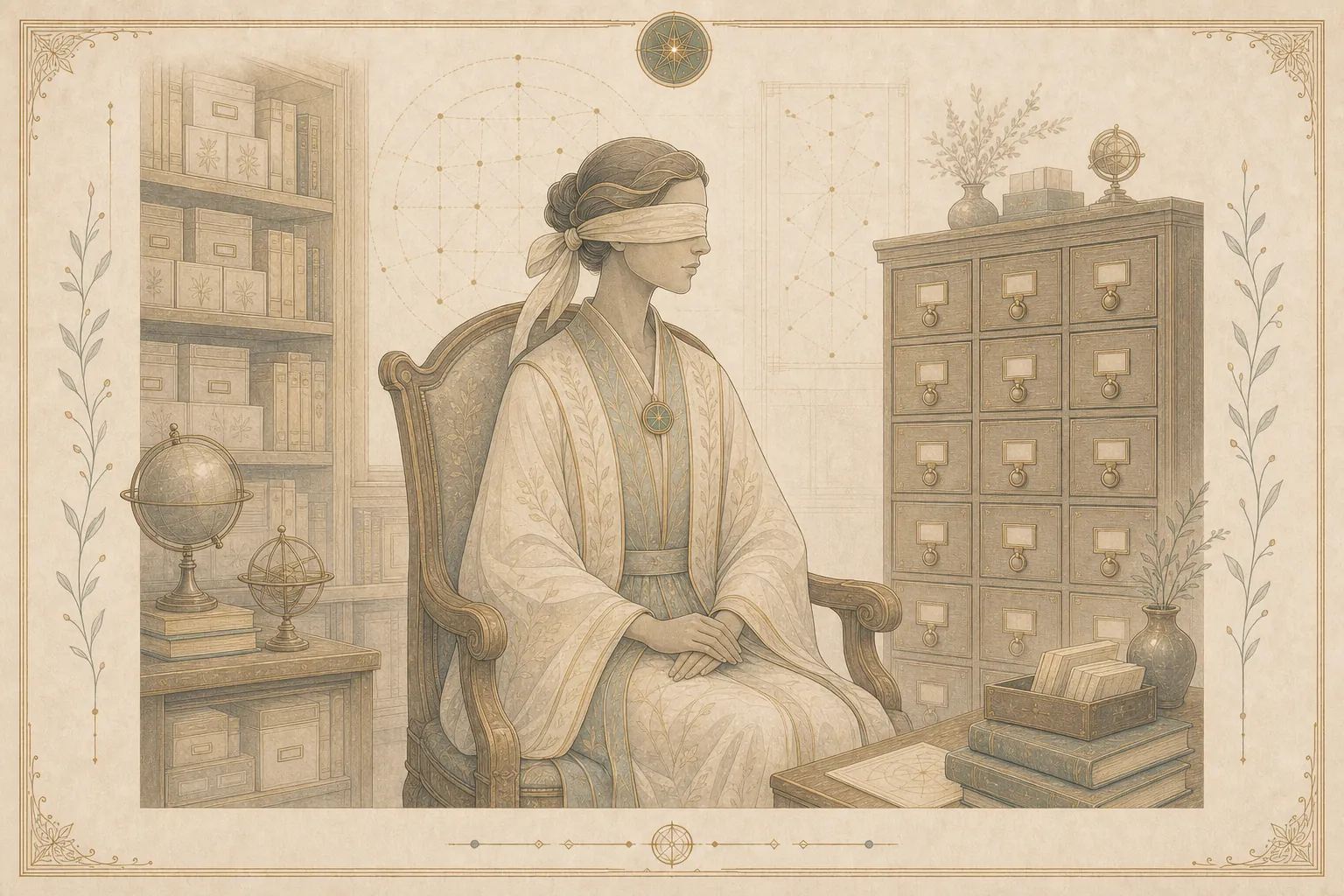 The librarian sits calmly with a soft blindfold over the eyes and hands at rest, the orb of memory dimmed overhead and the card-catalogue drawers closed beside her.