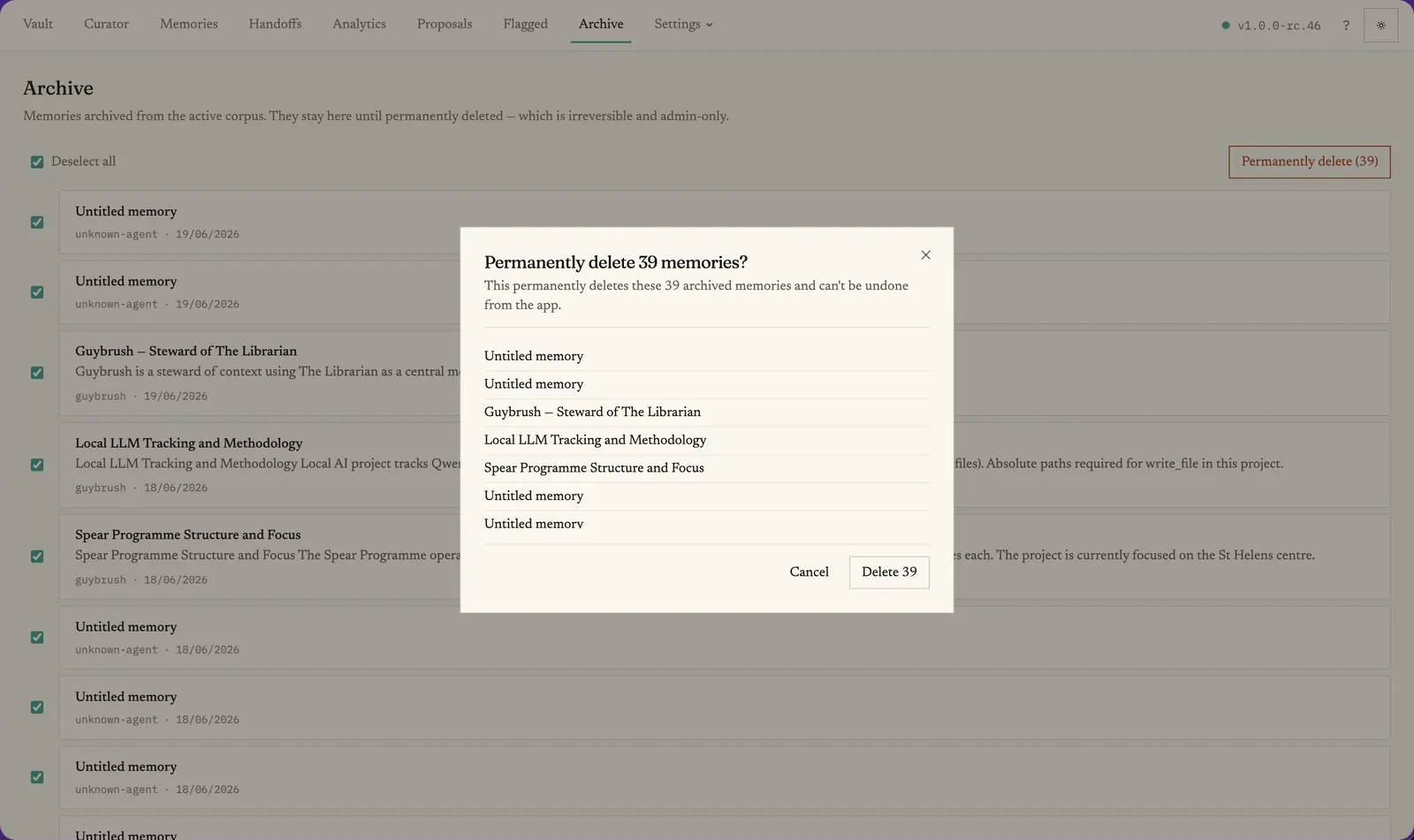 The Archive view: retired memories, kept and recoverable.