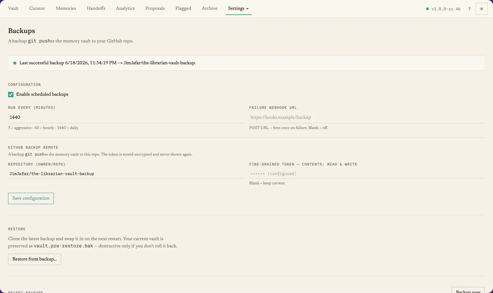 The Backups view: the vault copied to GitHub on a schedule.