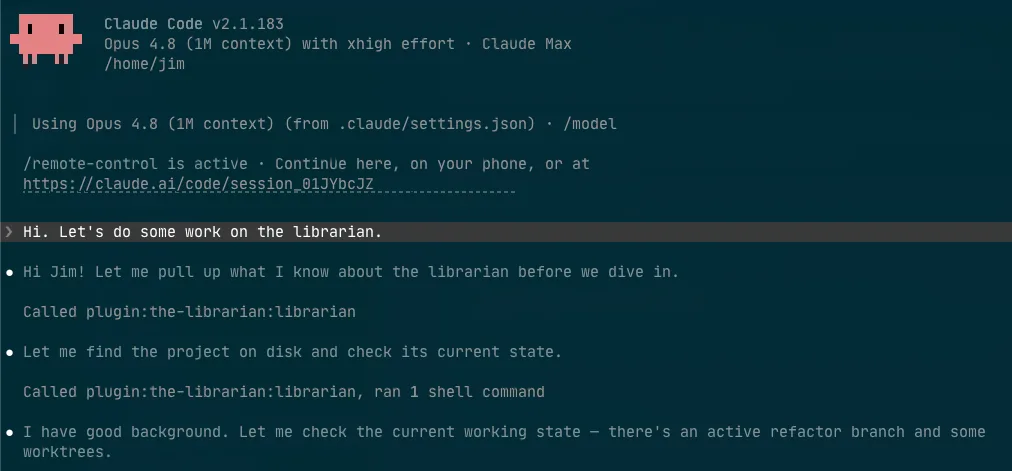 A terminal session where an agent calls the librarian to pull up what it knows before starting work.