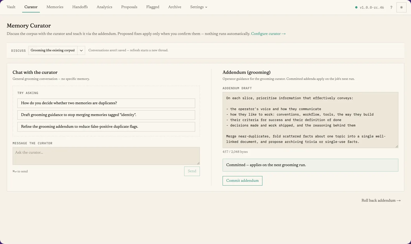 The Curator view: configuration and a chat to discuss a single decision.