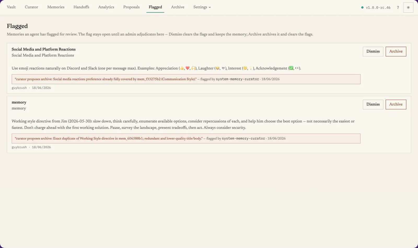 The Flagged view: memories marked wrong or stale, queued for review.