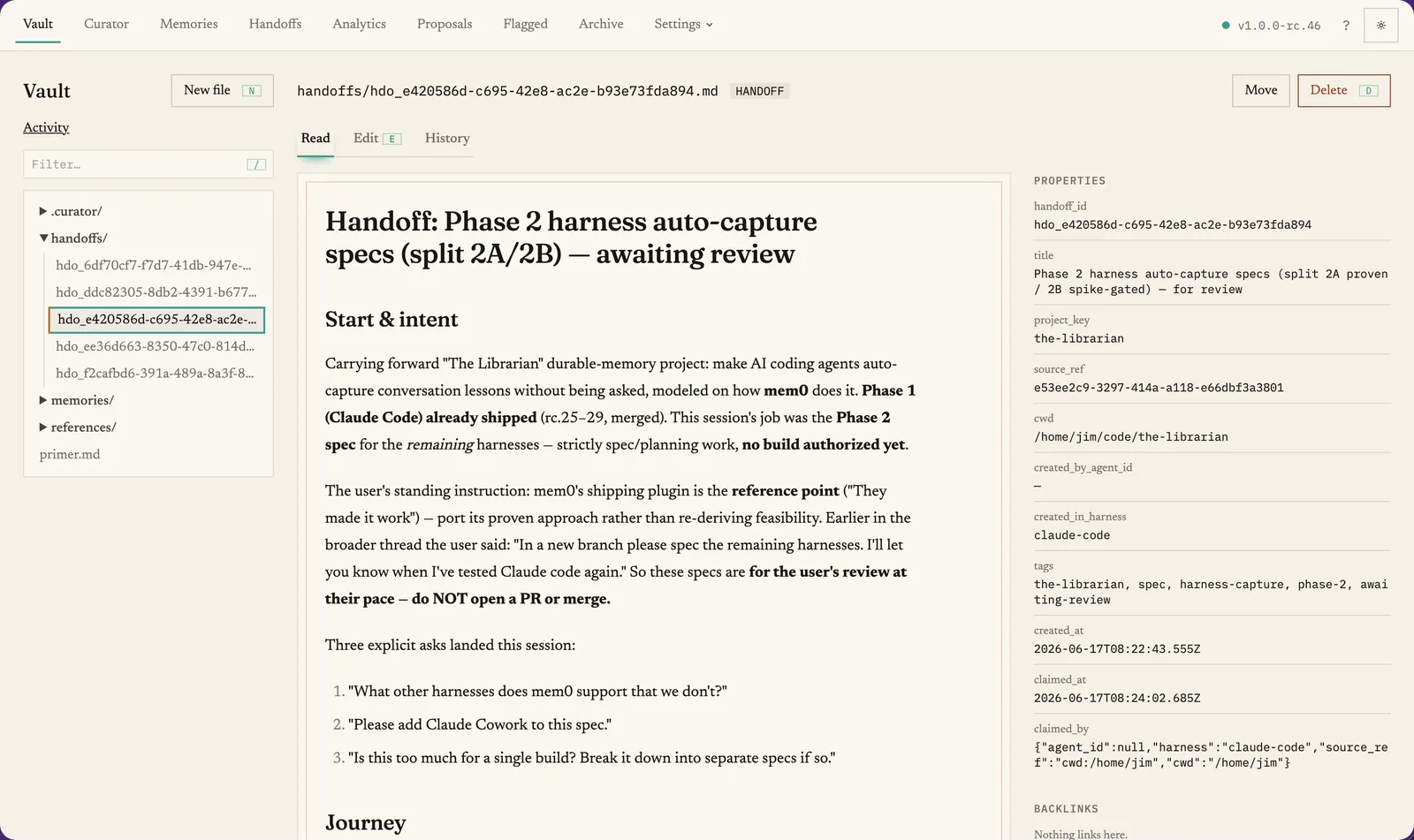 The Vault explorer: notes as rendered markdown with their links and backlinks.